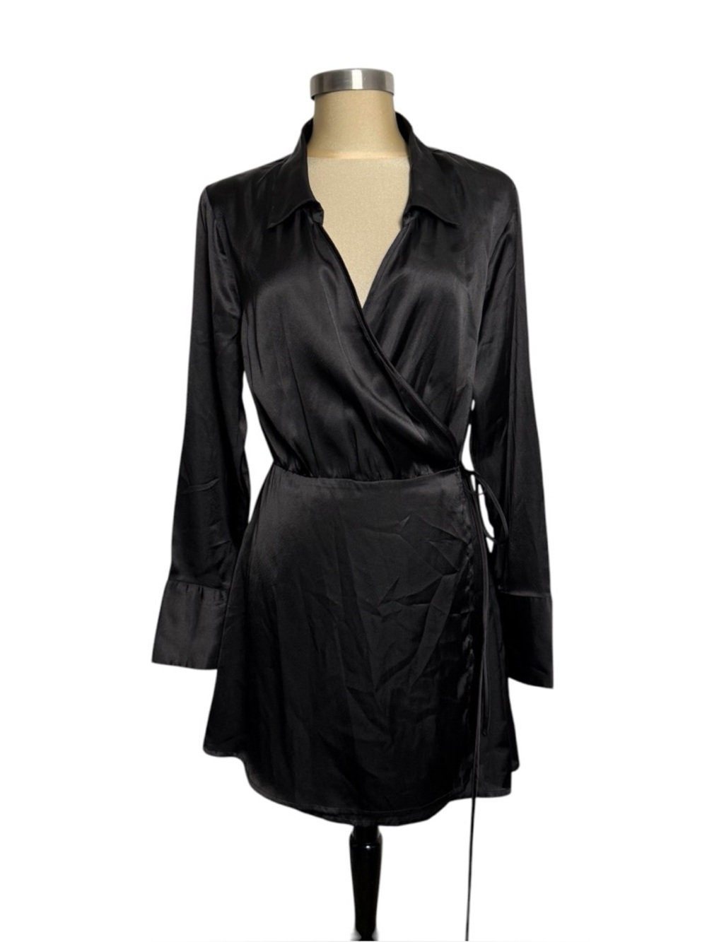 Boohoo Black Satin Wrap Mini Shirt Dress Size 12 Belted Witchy